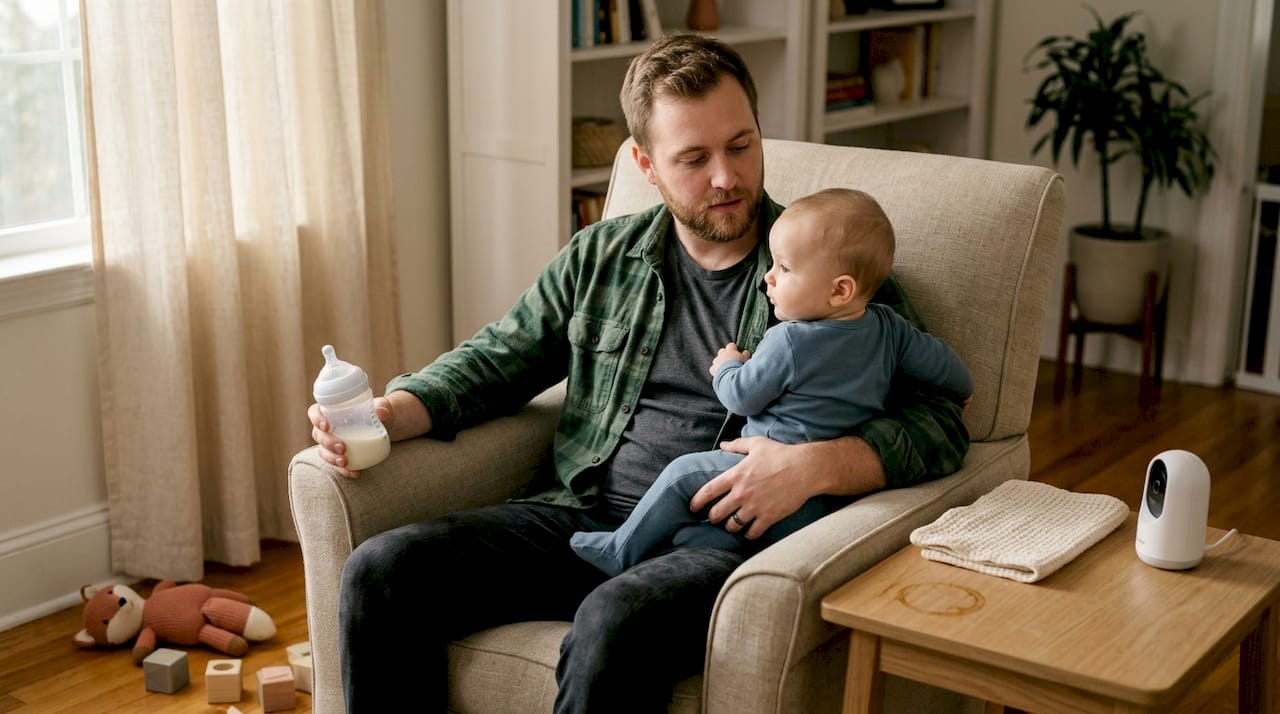 Father watching baby respond to feeding