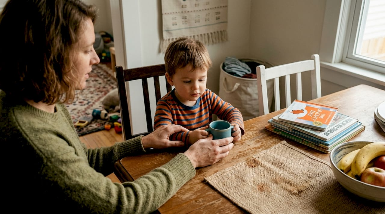 Parent supporting child’s self-feeding skills