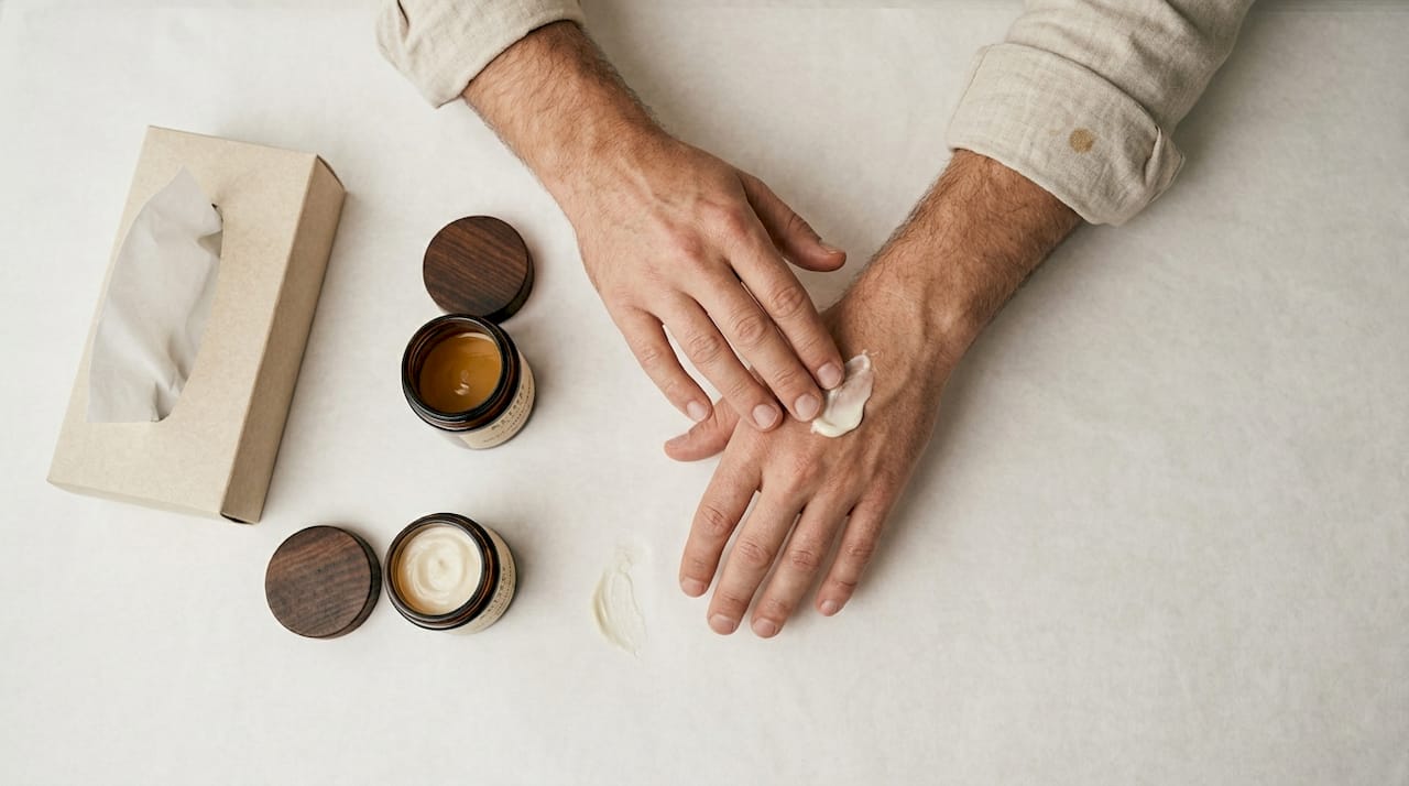 Hands applying cream for skin barrier protection