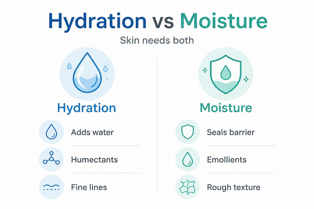 Infographic comparing hydration and moisture for skin