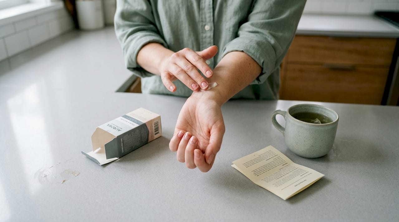 Hands patch testing skincare product at home
