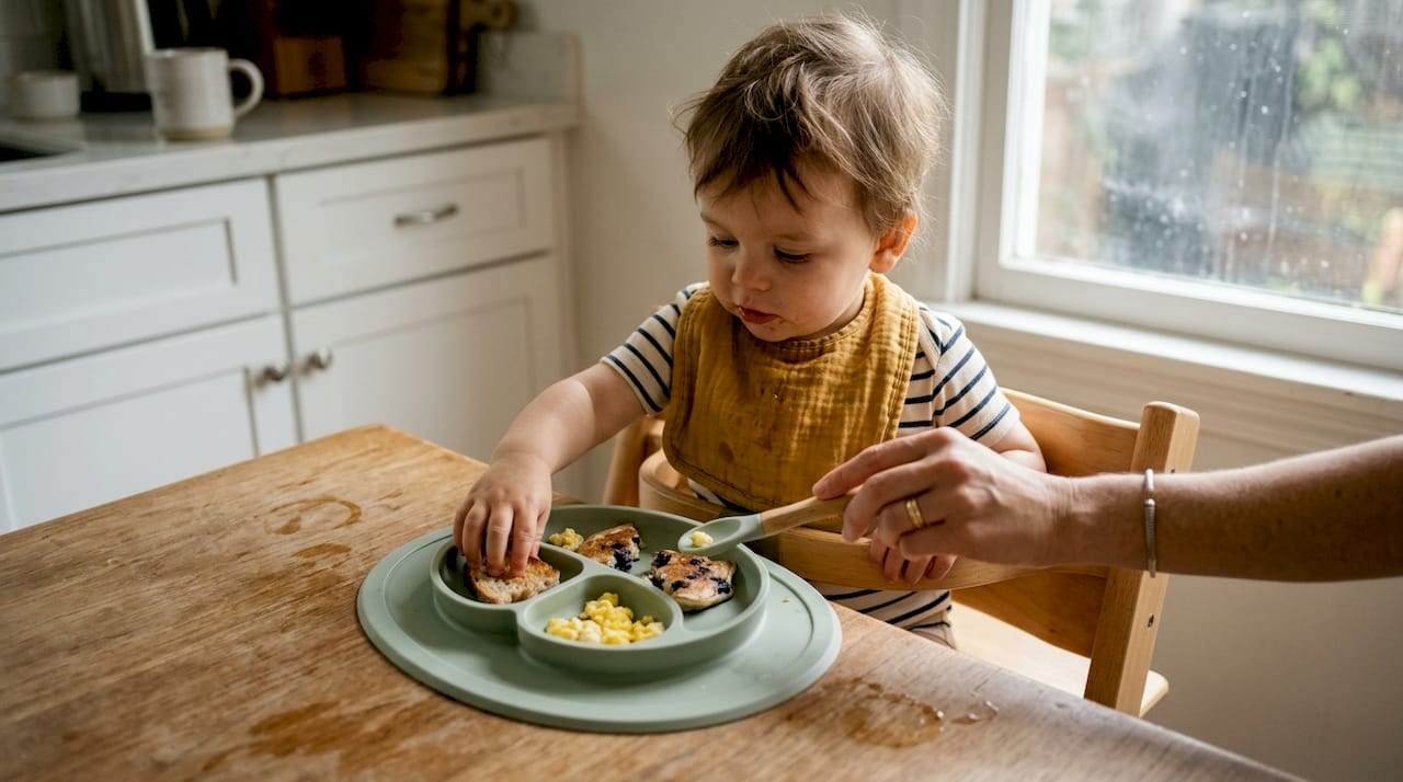 Toddler using ergonomic feeding plate