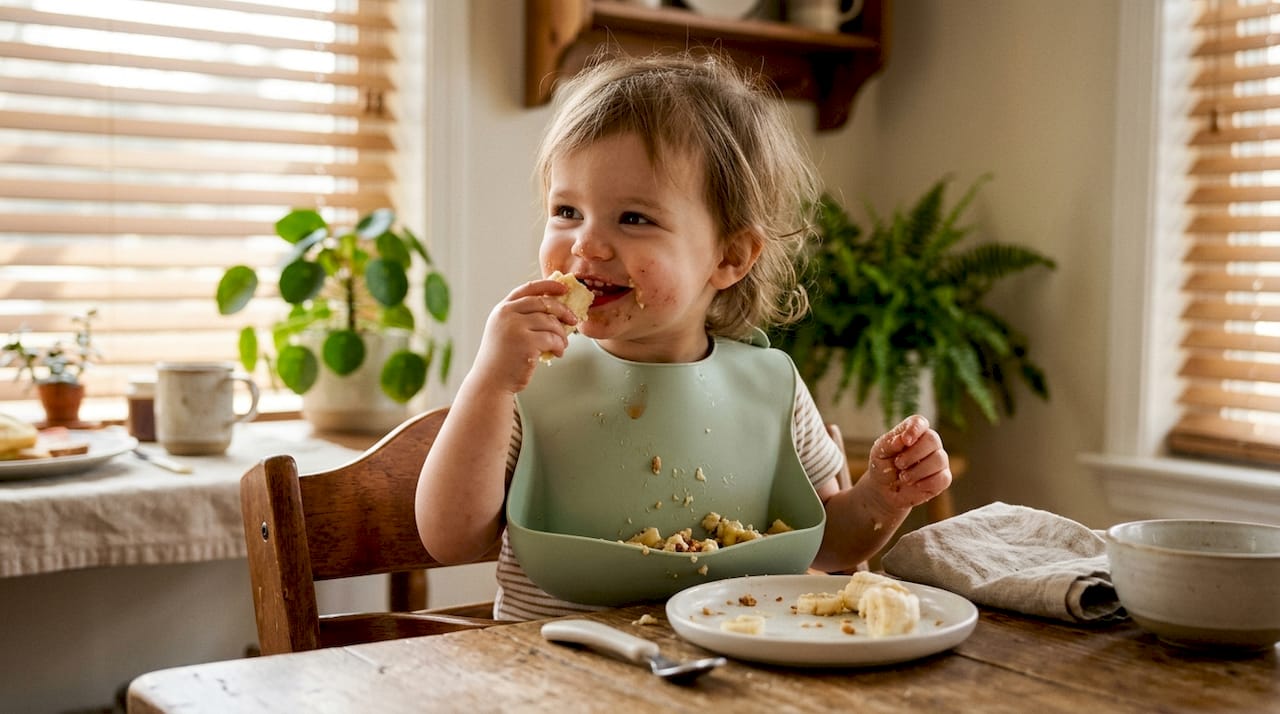 Toddler wearing comfortable fitted bib eating