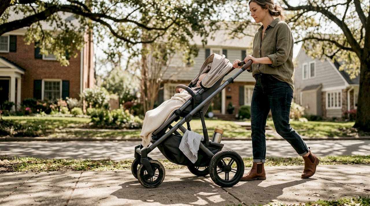 Parent walking baby in minimalist stroller outdoors