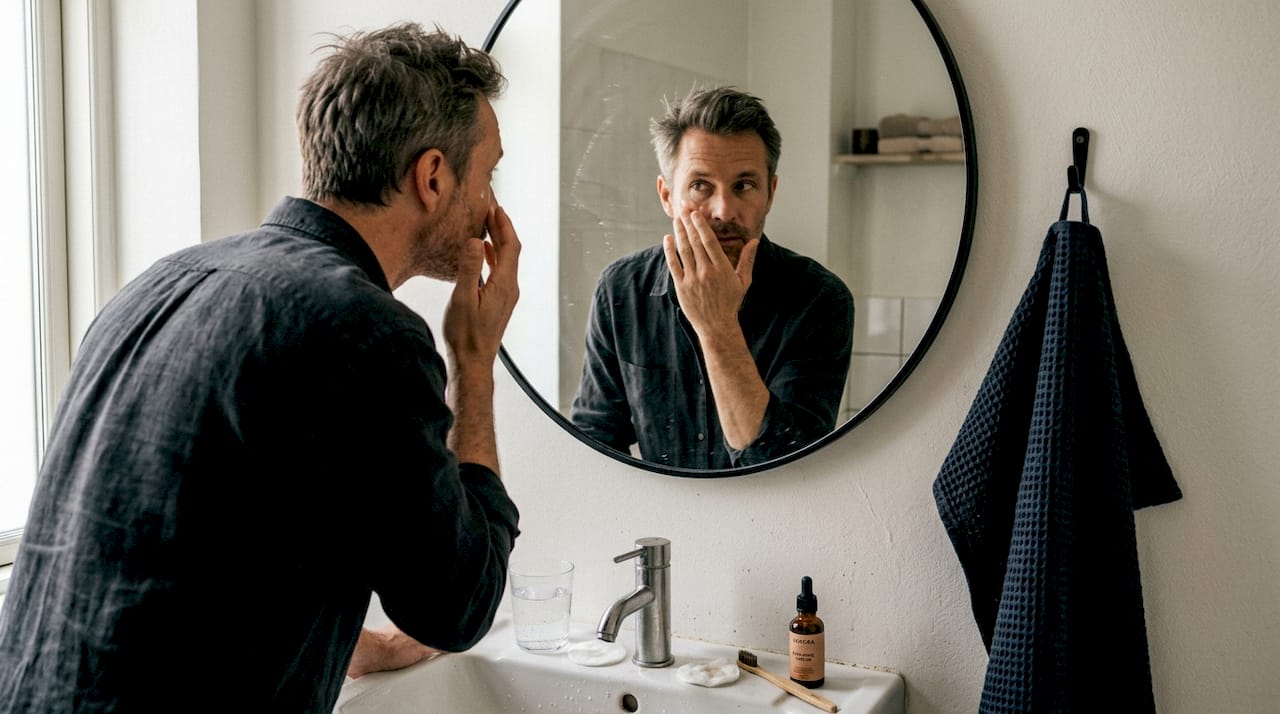 Man pressing serum onto face by sink