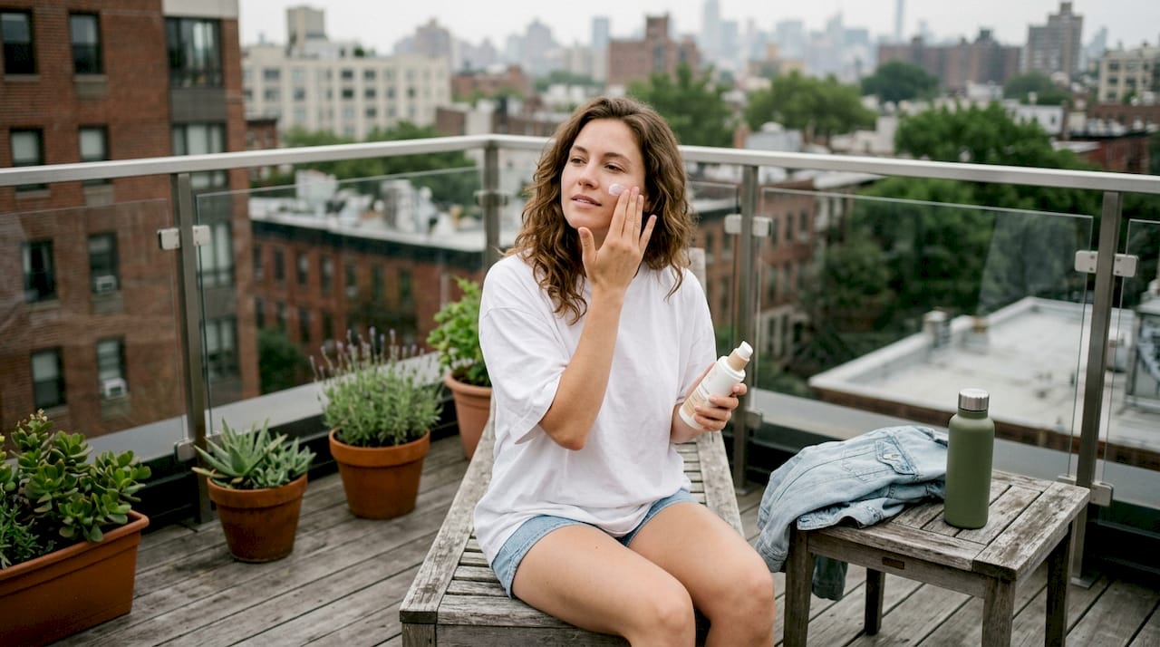 Woman applying sunscreen outdoors