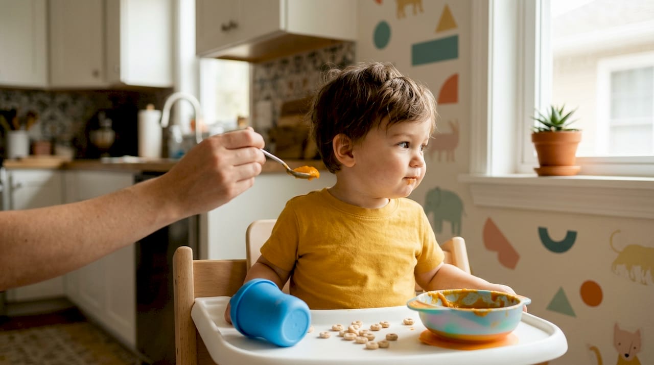 Toddler refusing food in everyday meal moment