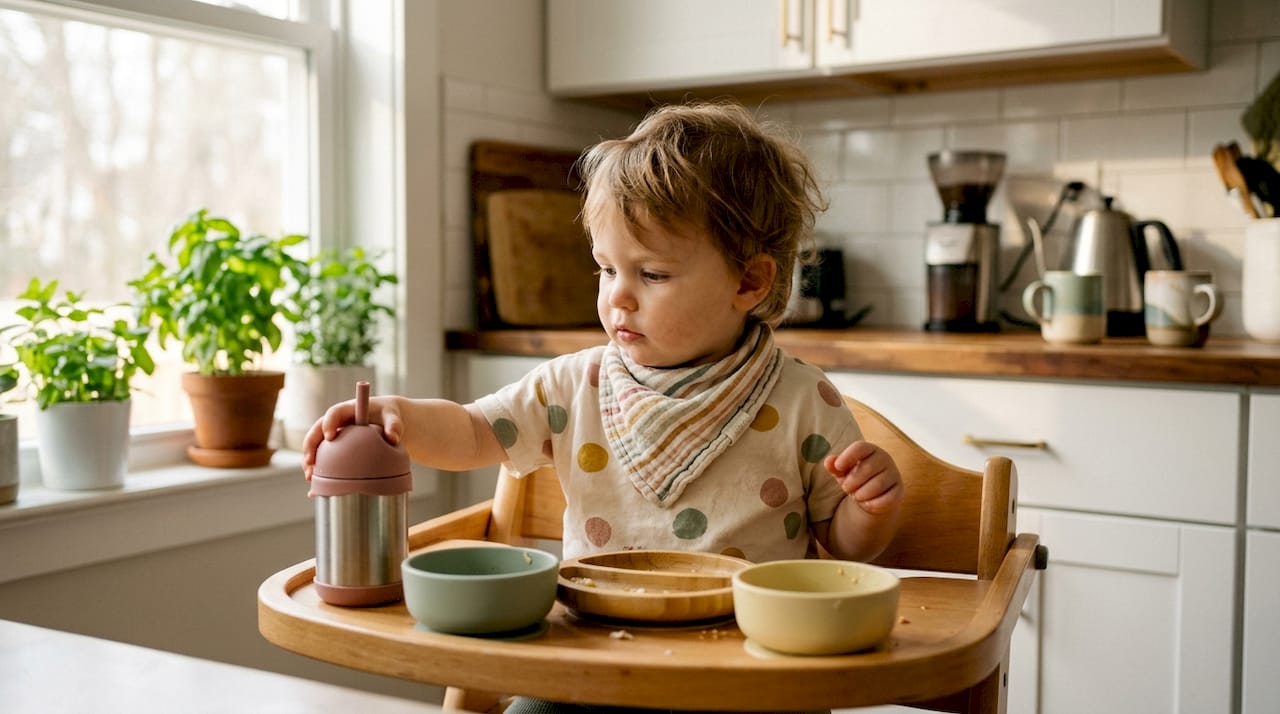 Toddler reaching for safe stainless steel cup