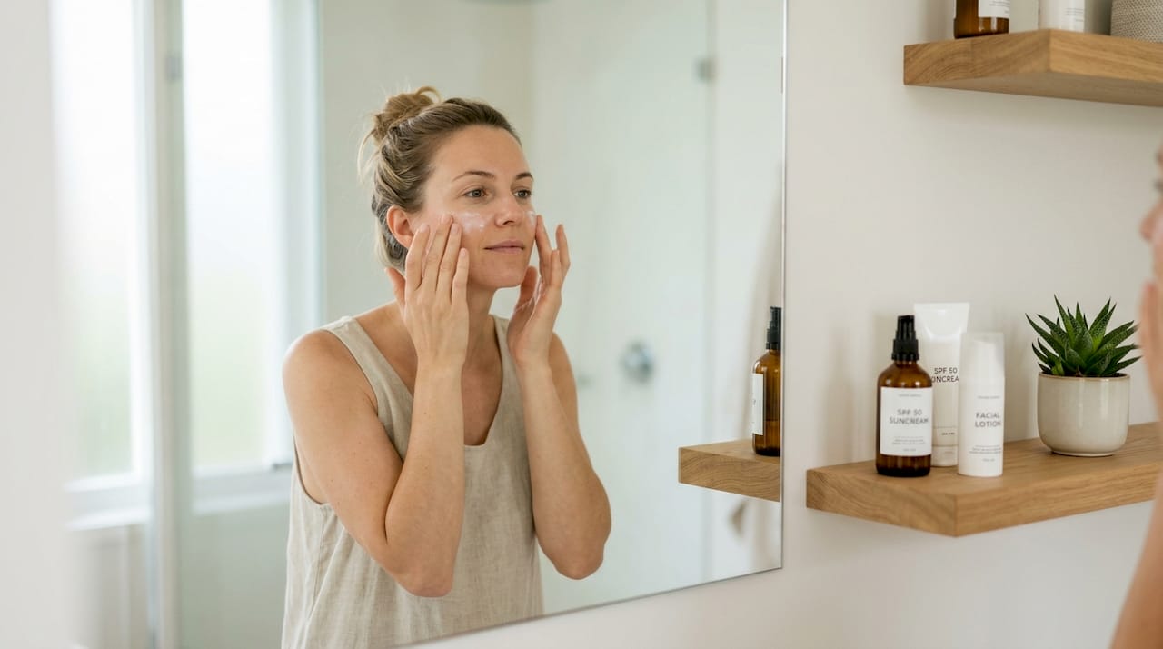 Woman applies sunscreen by kitchen window