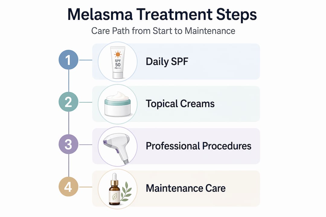 Infographic showing melasma treatment step flow