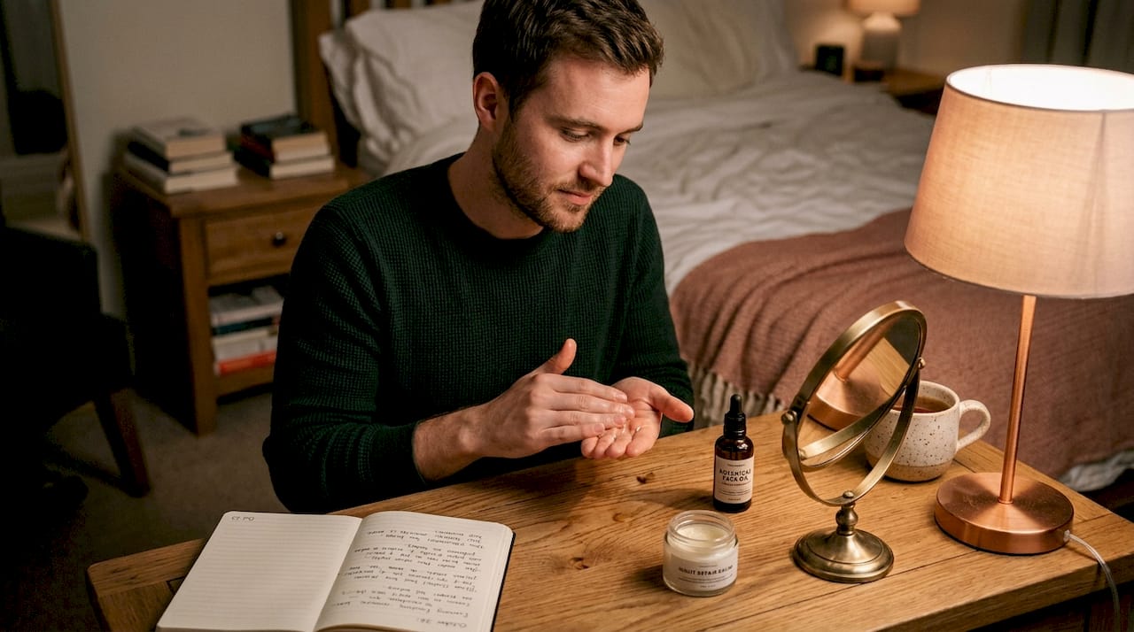 Man using face oil at bedroom vanity