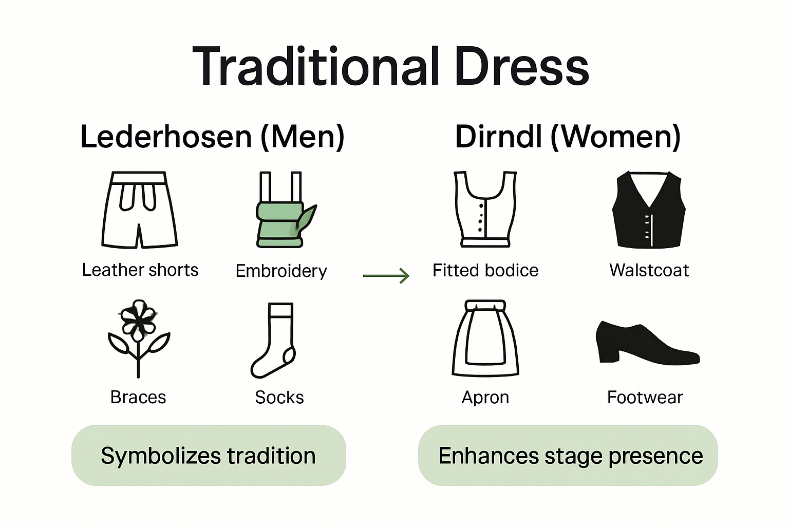 Infographic comparing key elements of Oompah band attire for men and women.