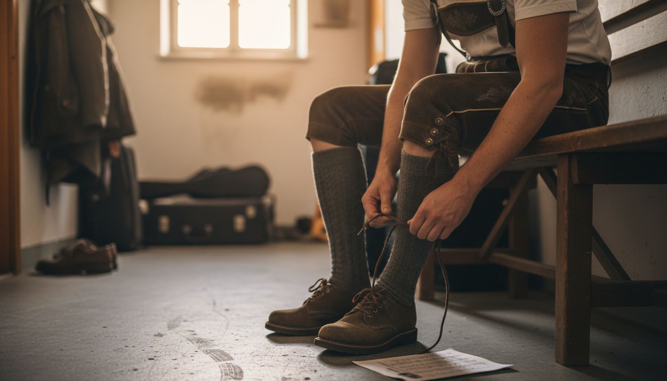 Male performer adjusting lederhosen and shoes