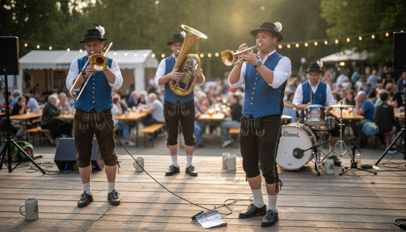 Oompah band playing on outdoor stage at fair
