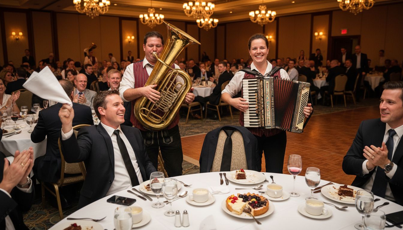 Mobile Oompah musicians at corporate dinner