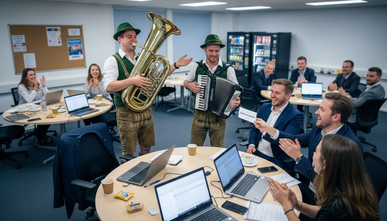 Oompah musicians interacting with office audience