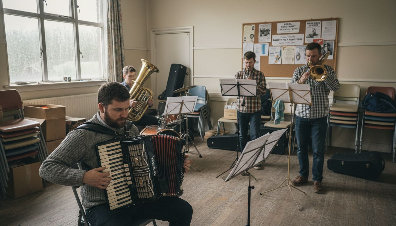 Polka musicians practicing in community hall
