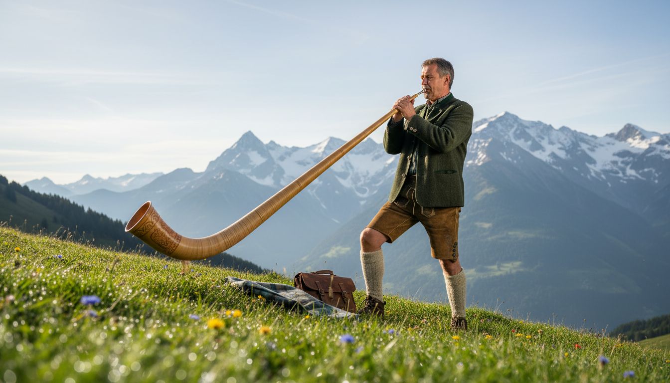 Alphorn player on grassy alpine slope