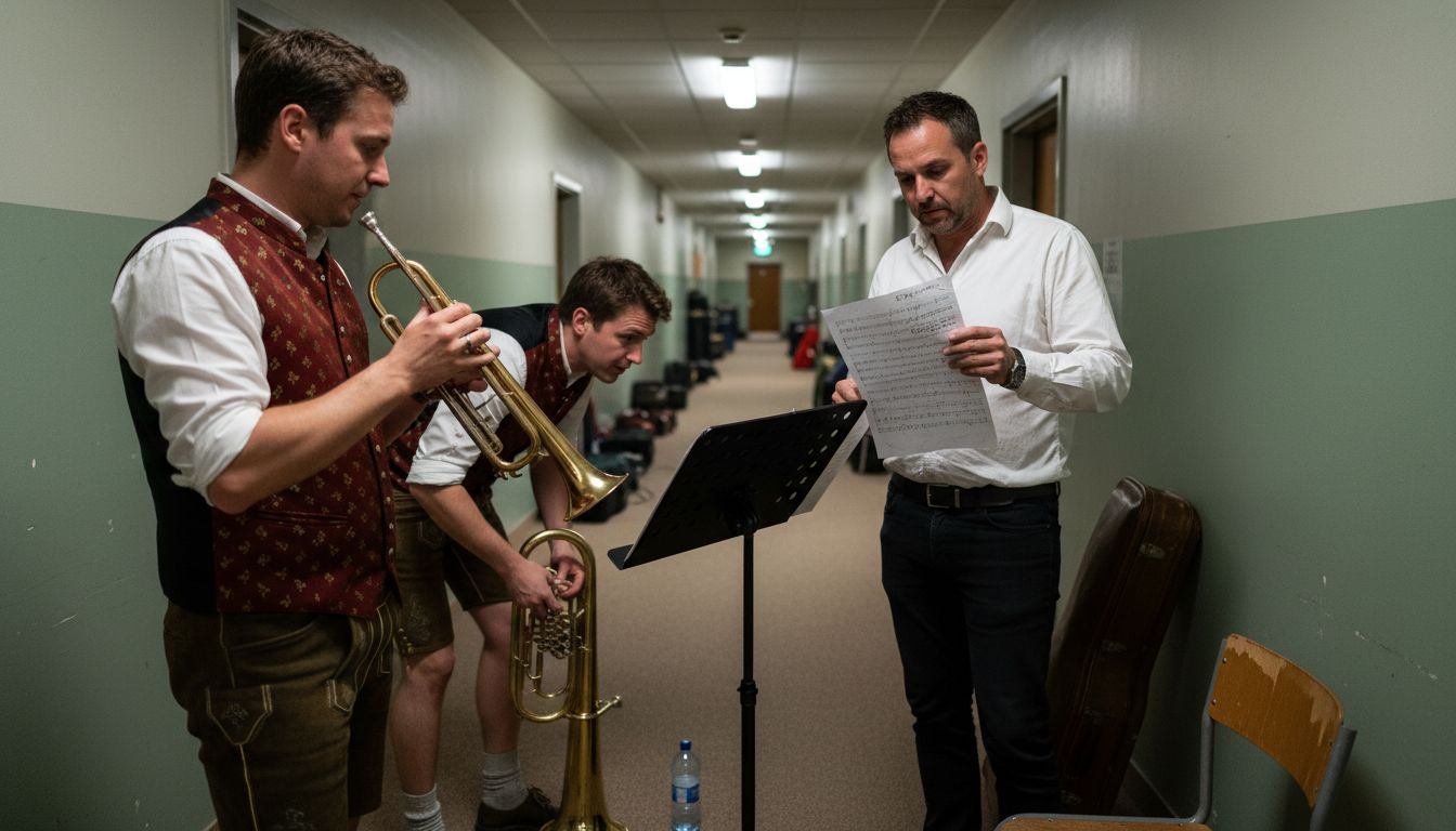Oompah band musicians prepare backstage