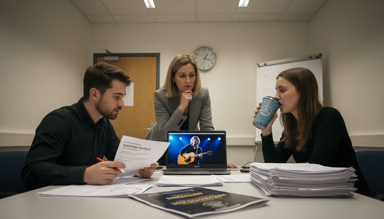 Team reviewing musician audition materials
