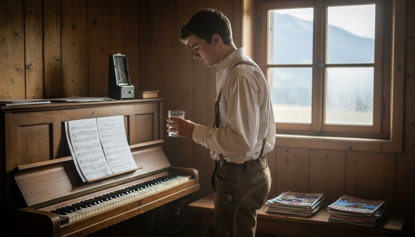 Bavarian yodeller rehearsing vocal technique in studio