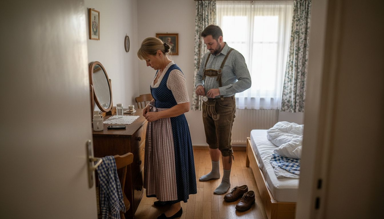 Adjusting dirndl and lederhosen in home