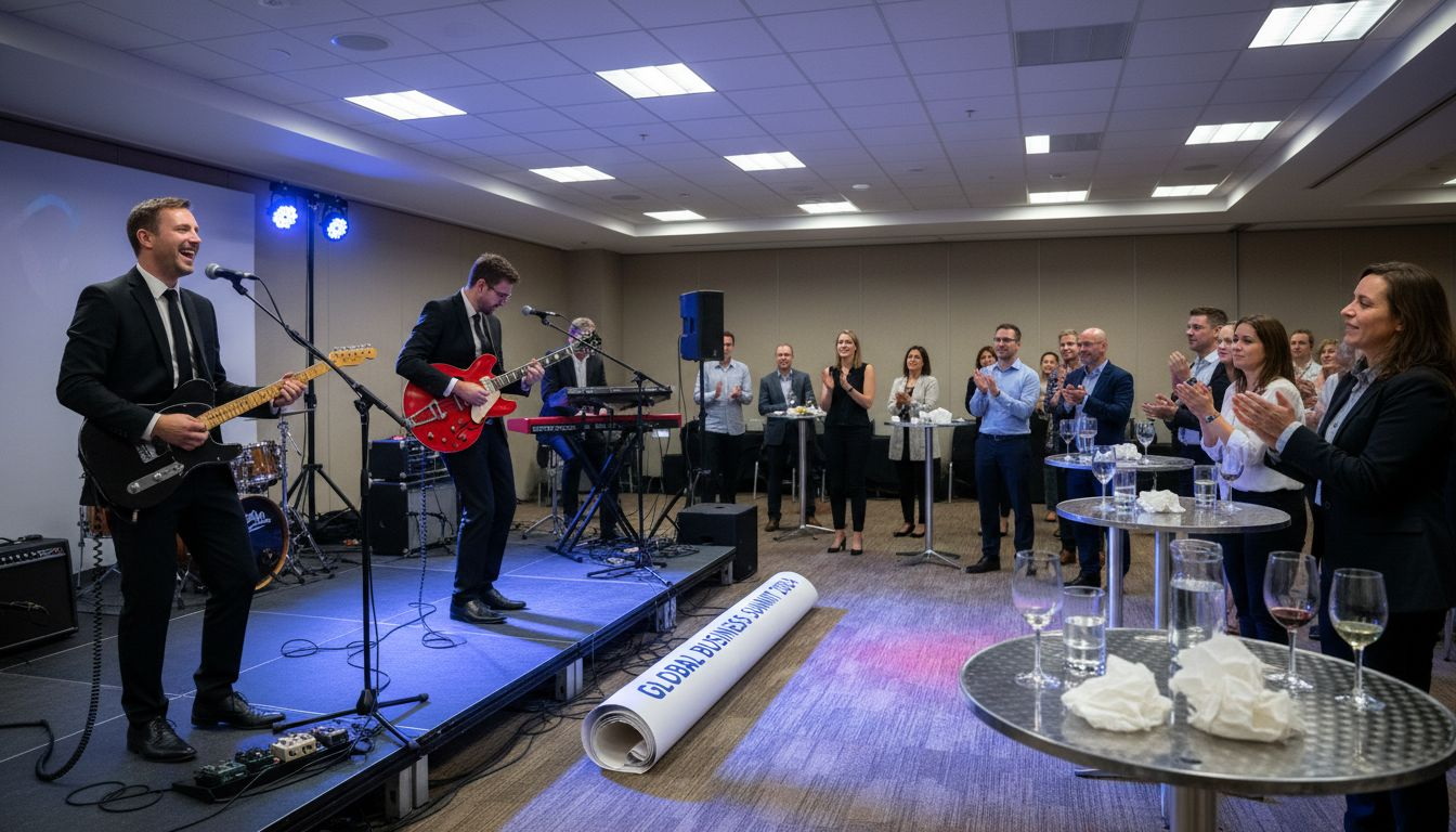 Band performing for clapping business guests