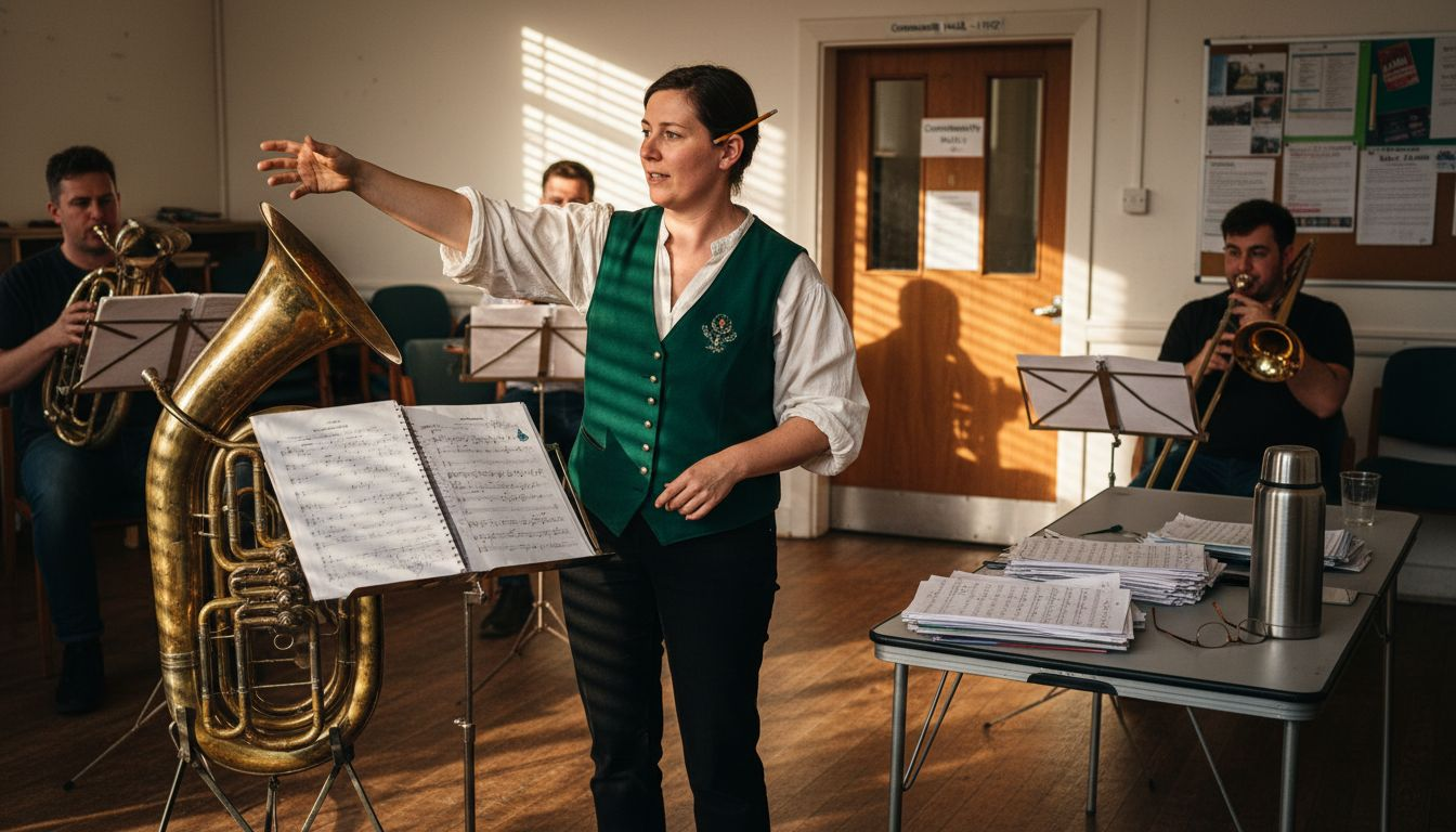 Oompah band leader guiding rehearsal