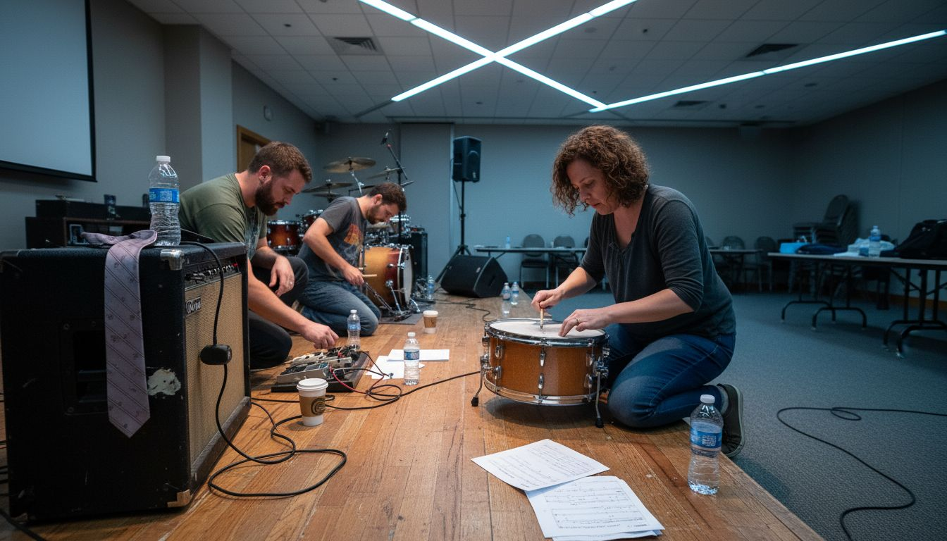 Band rehearses on conference room stage