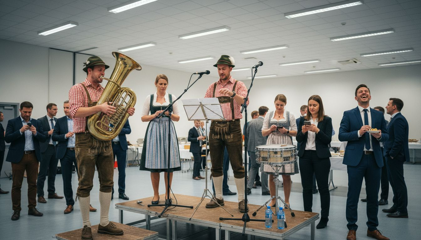 Bavarian Oompah band performing for business event