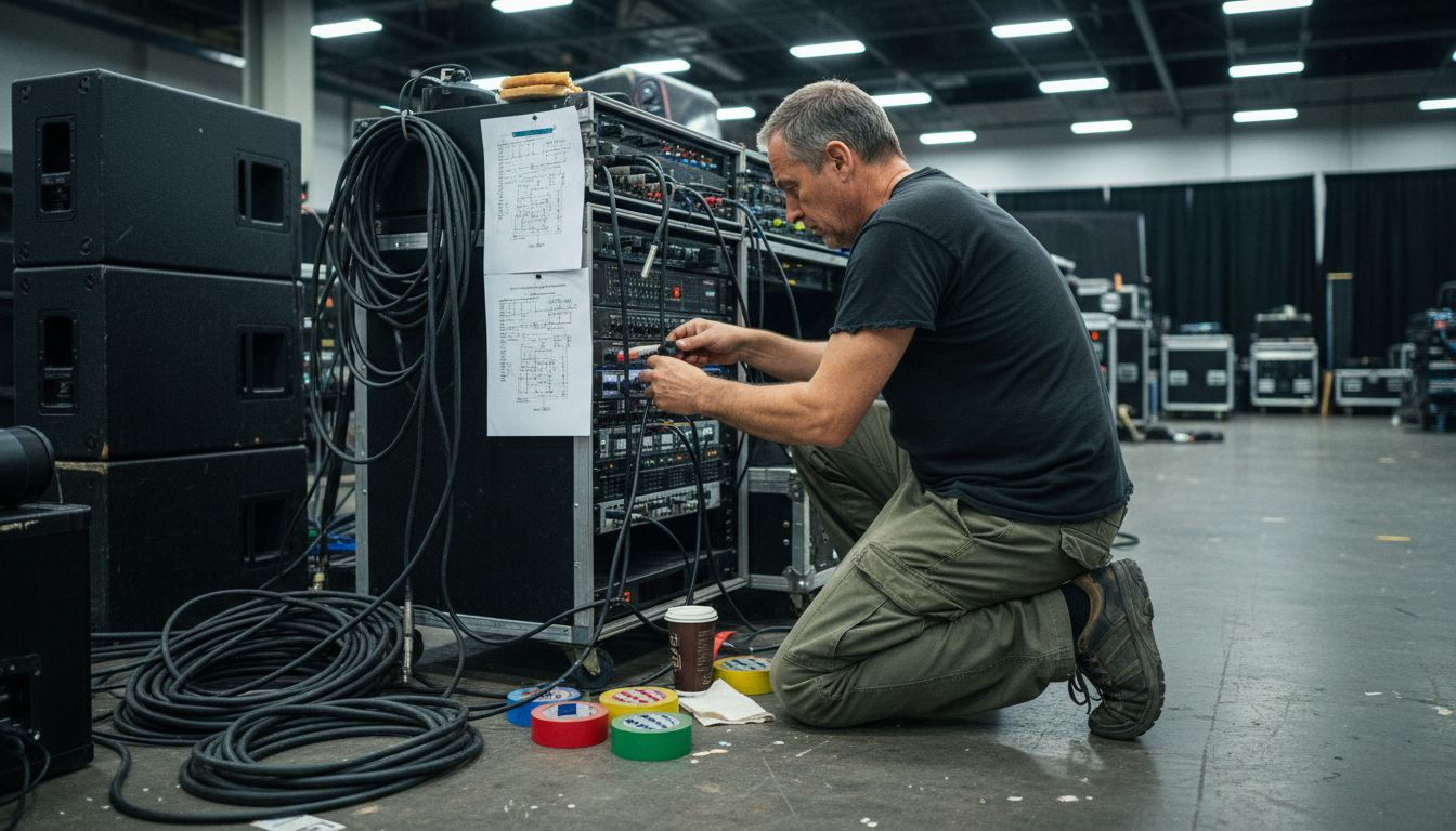 Backstage sound technician with cables