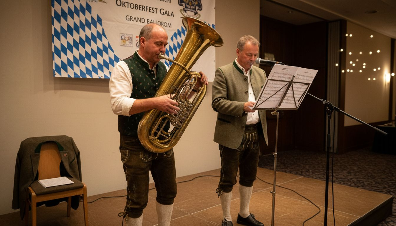 Bavarian musicians preparing for corporate event