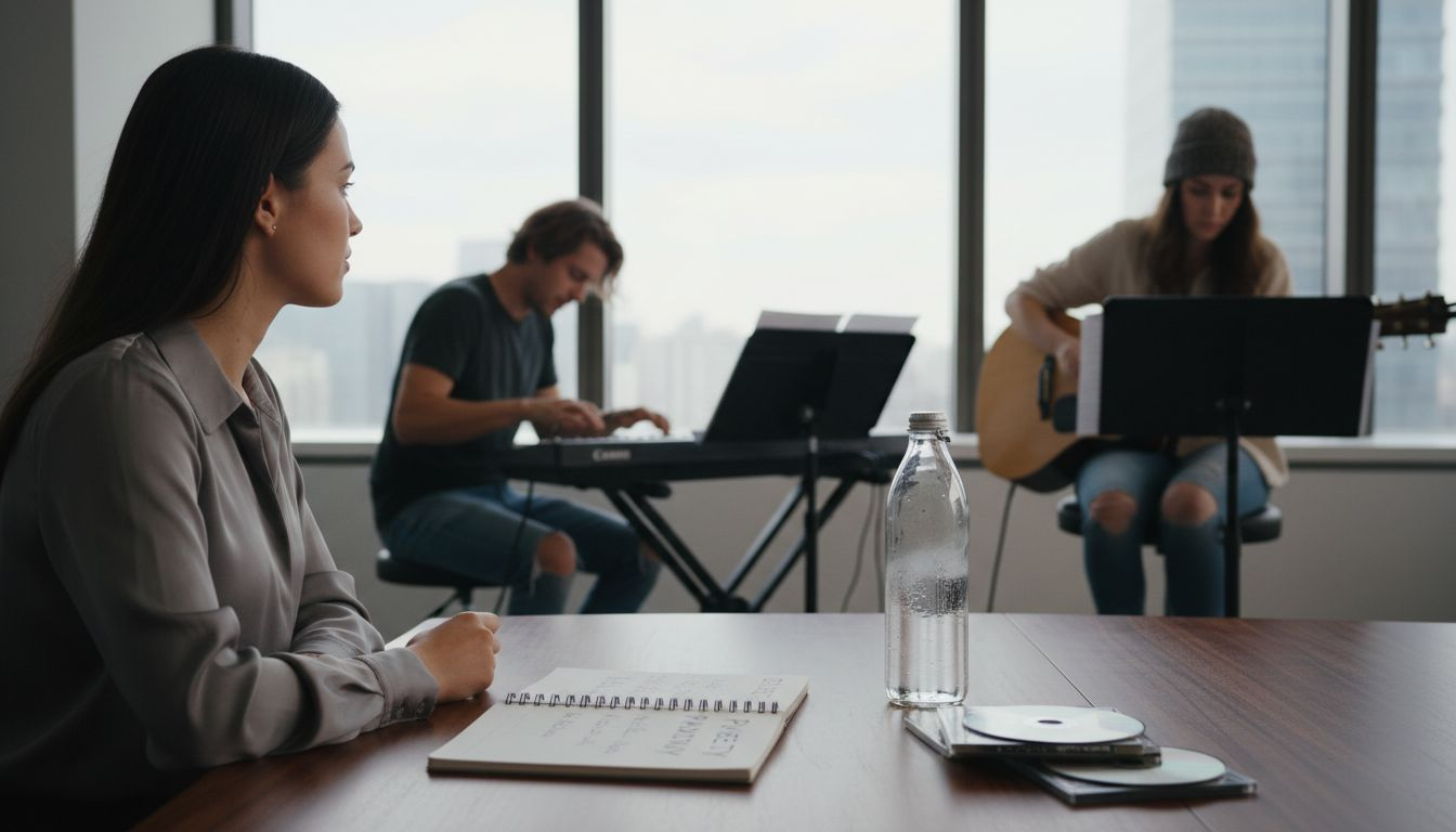 Corporate manager watches band audition setup