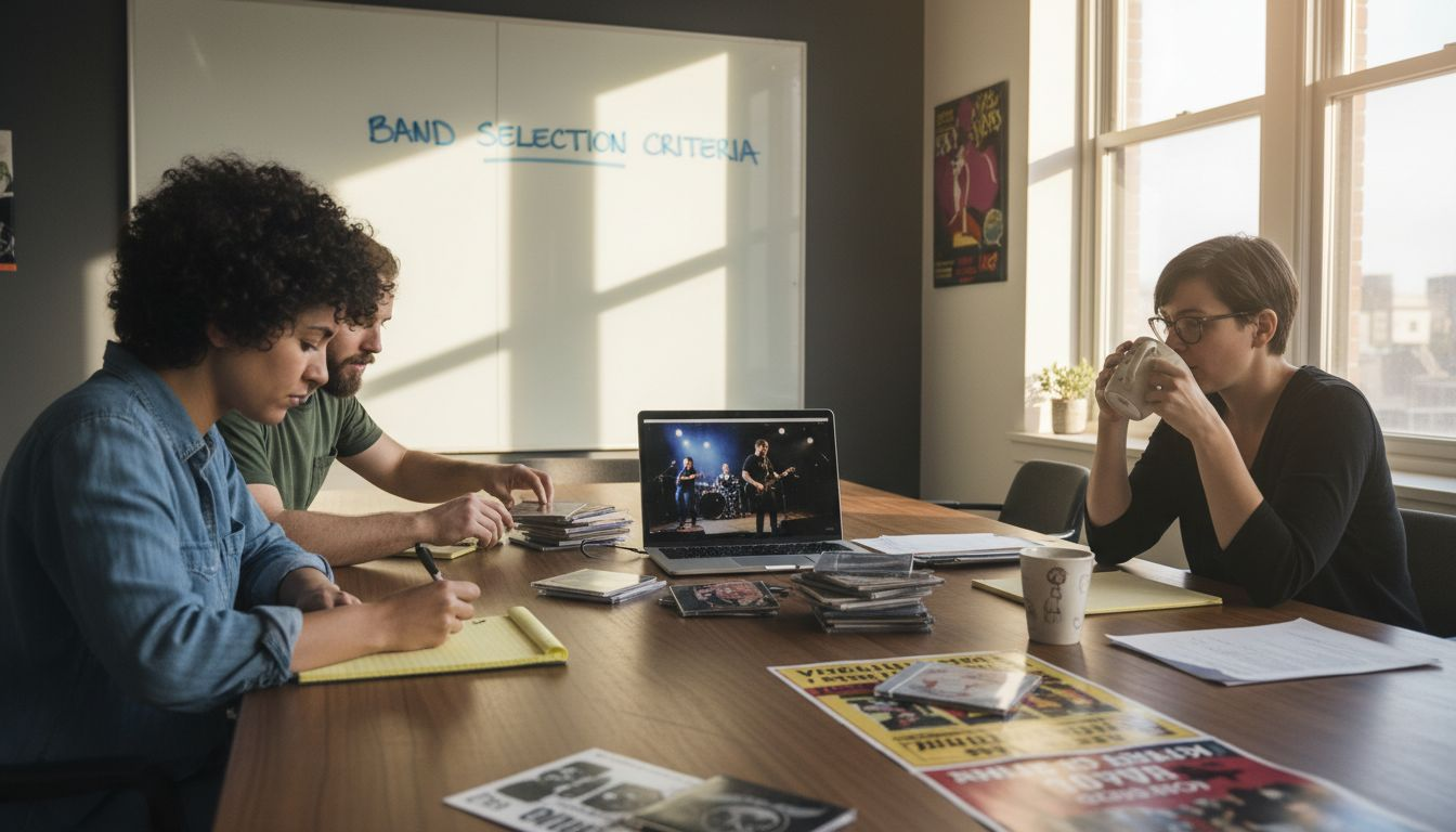 Team reviews live band audition recording