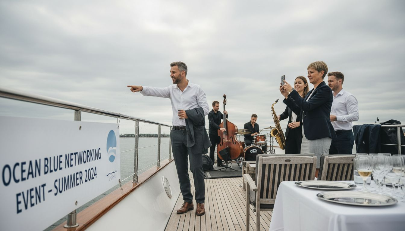 Corporate guests viewing yacht band setup