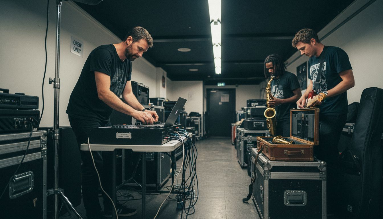 DJ gear and live band instruments side by side