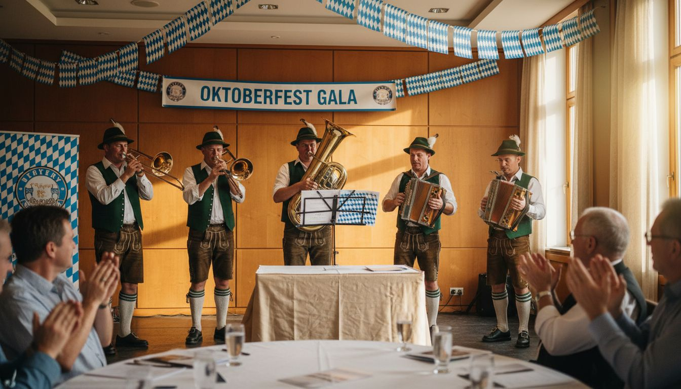 Bavarian Oompah band performs in conference room