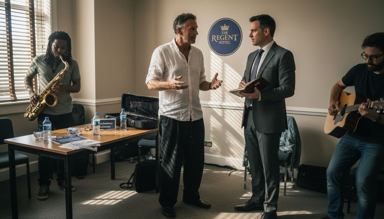 Band leader consulting with executive backstage