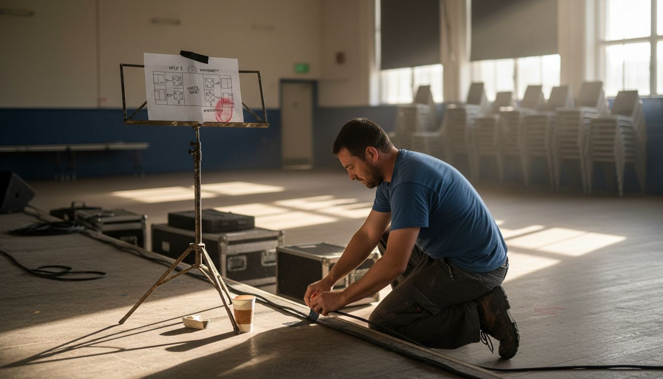 Technician taping cables for stage setup