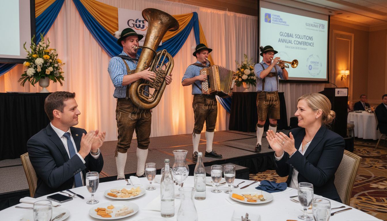 Bavarian Oompah band performing at business event