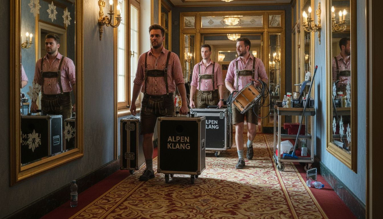 Band moving mobile amplified setup hotel hallway