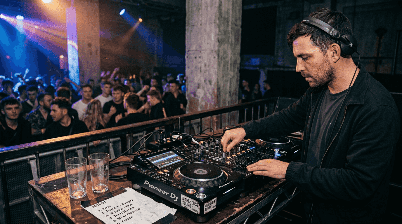 DJ mixing at music event with setlist