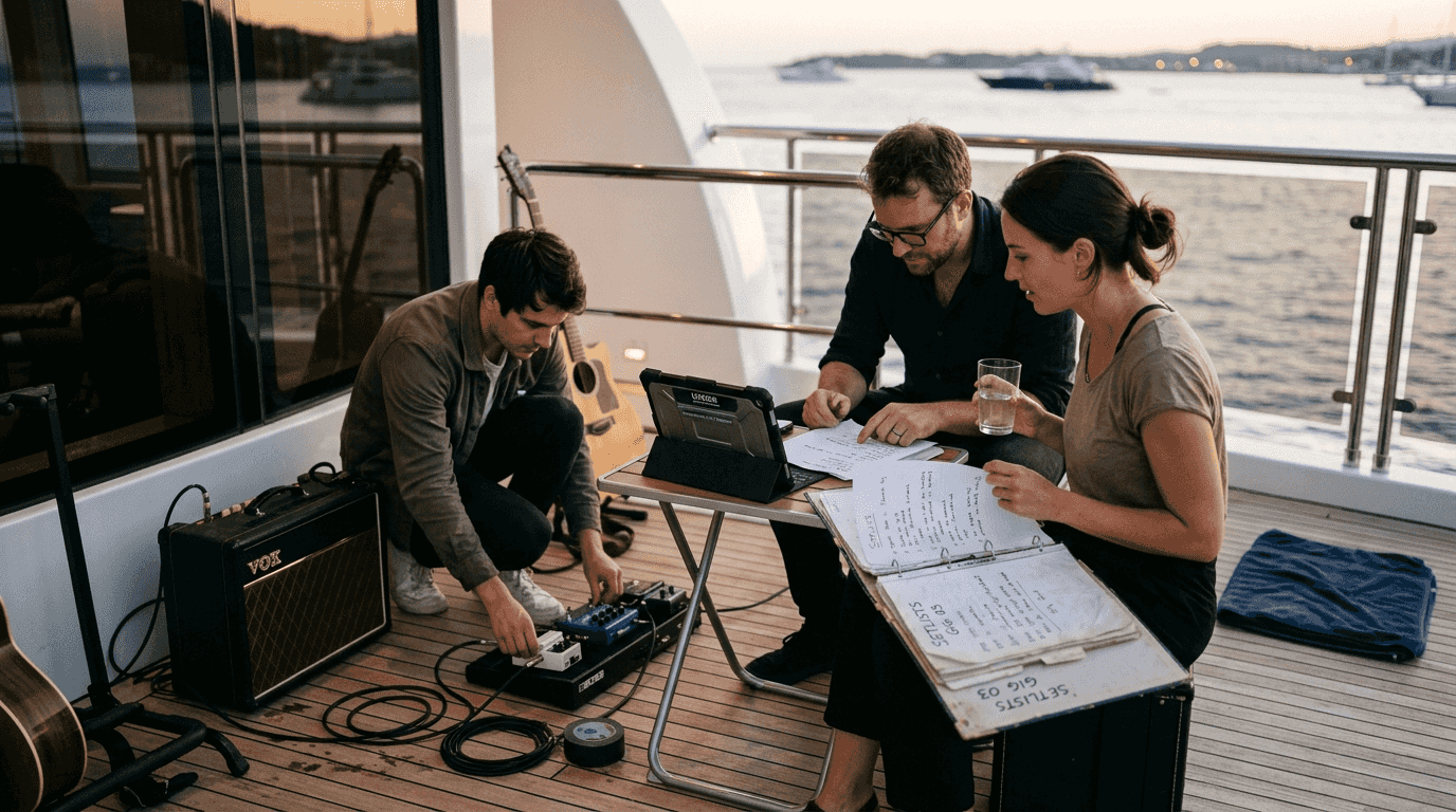 Musicians preparing setlists on yacht