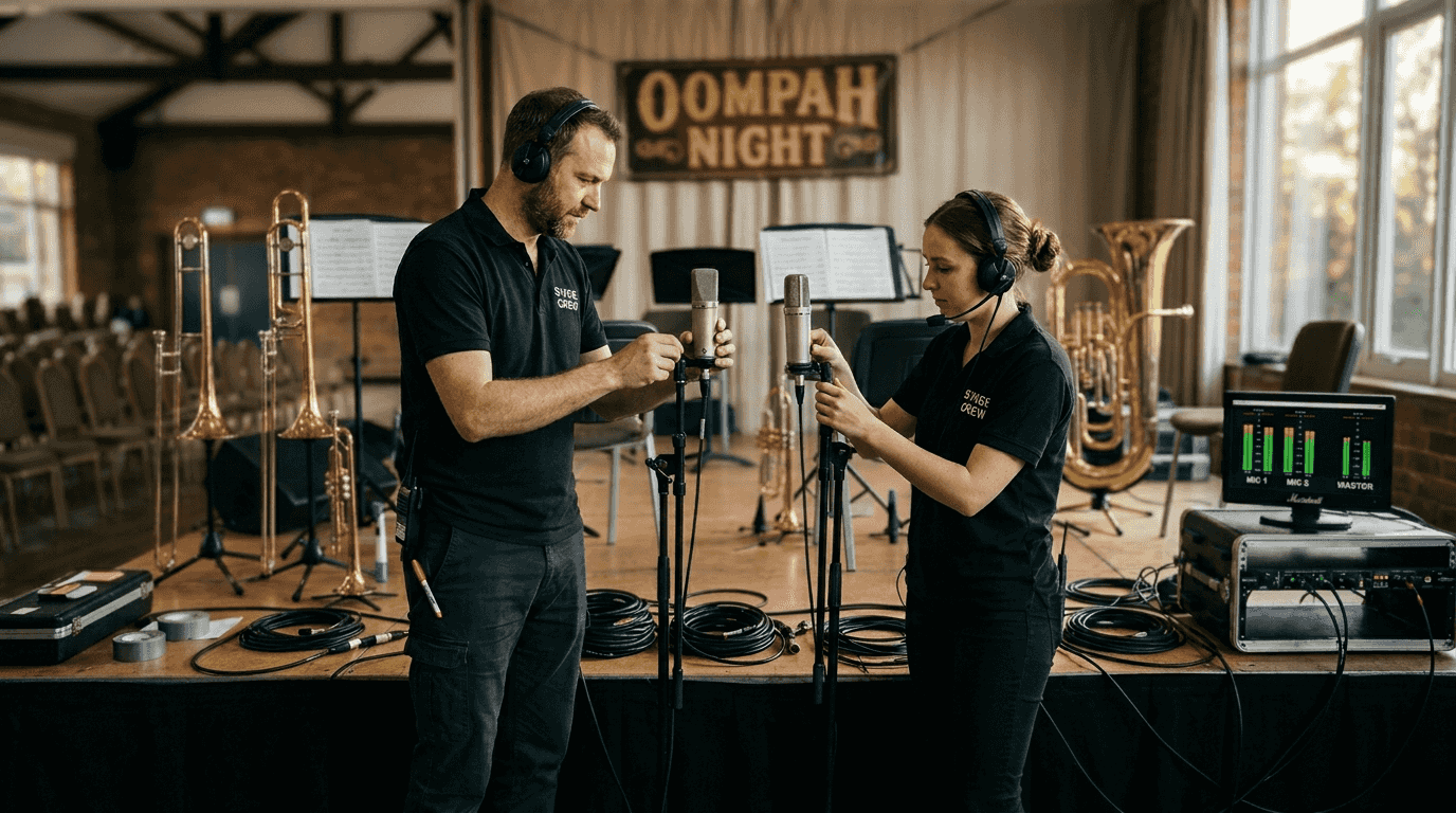 Sound team adjusting microphones for Oompah show