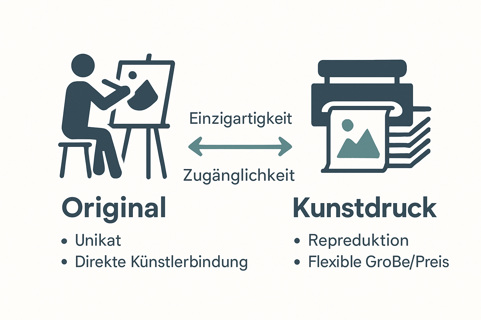 Vergleichsinfografik Original vs. Kunstdruck mit Symbolen