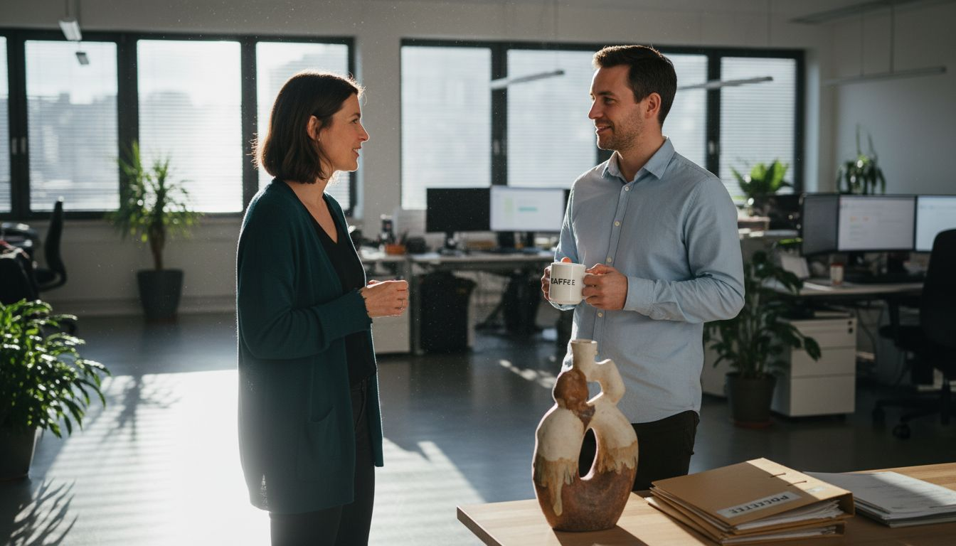 Zwei Kollegen unterhalten sich neben einer Skulptur im Büro.