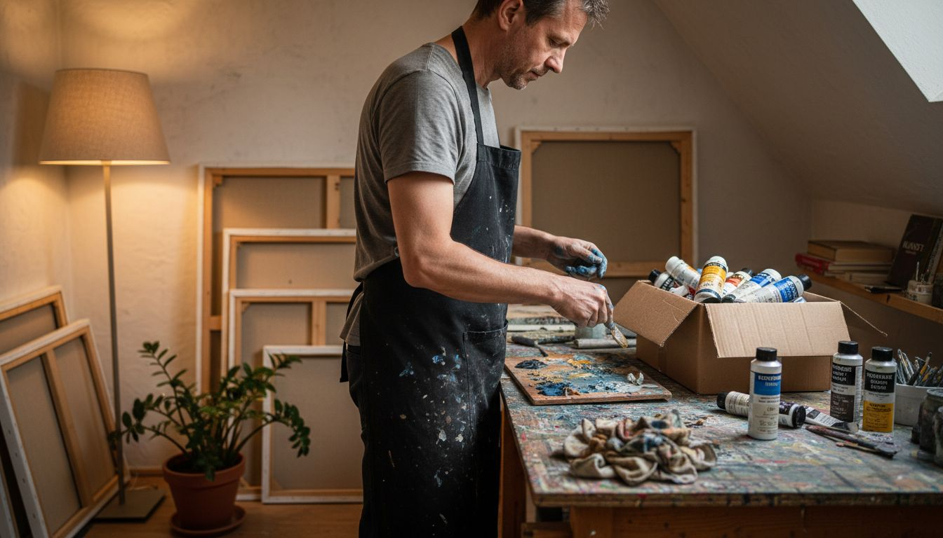 Eine Künstlerin mischt in ihrem Atelier verschiedene Farbtöne auf der Palette zusammen.