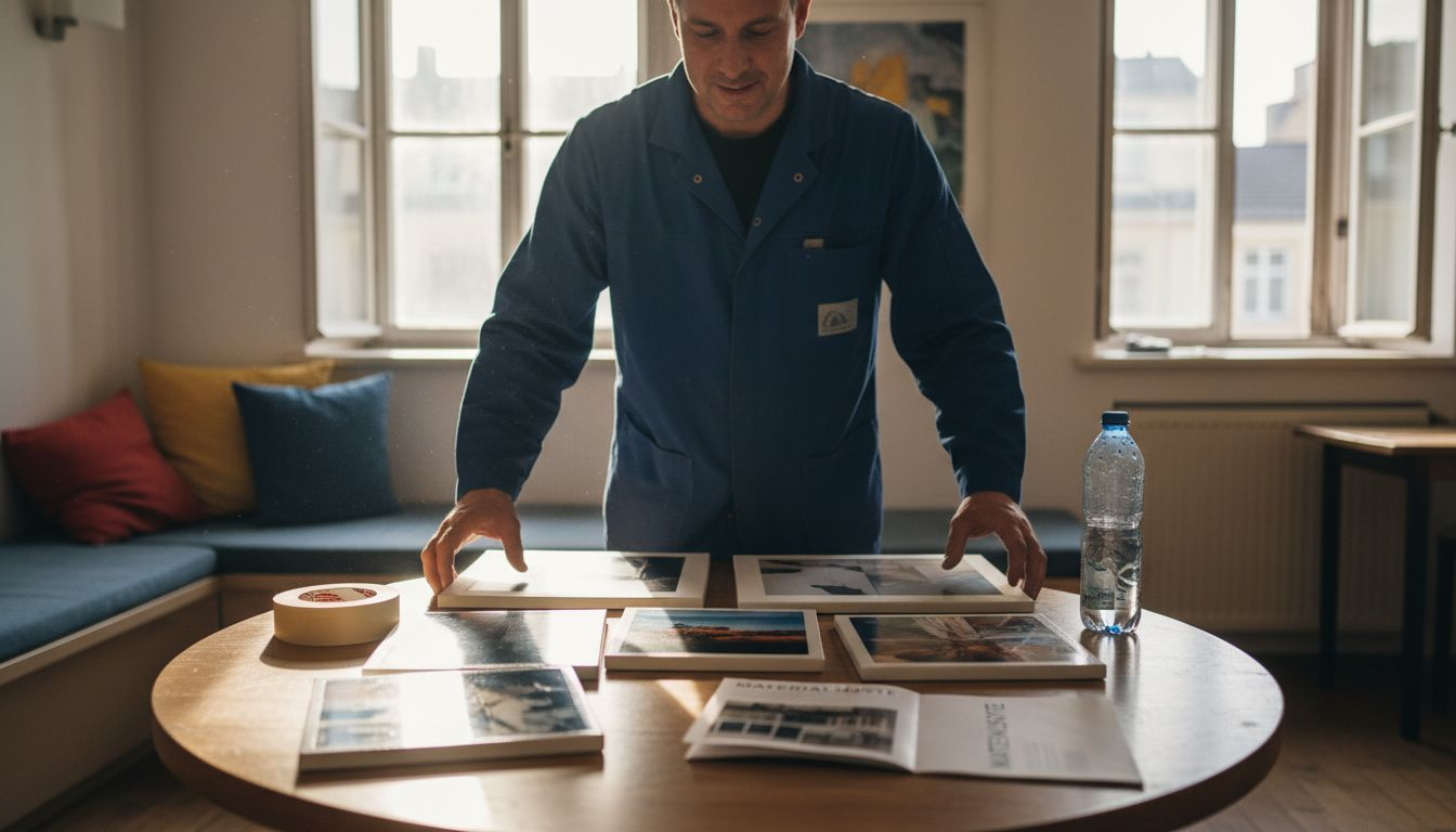 Ein Handwerker begutachtet Muster verschiedener Materialien für die Ausstattung eines Kunsthotels.