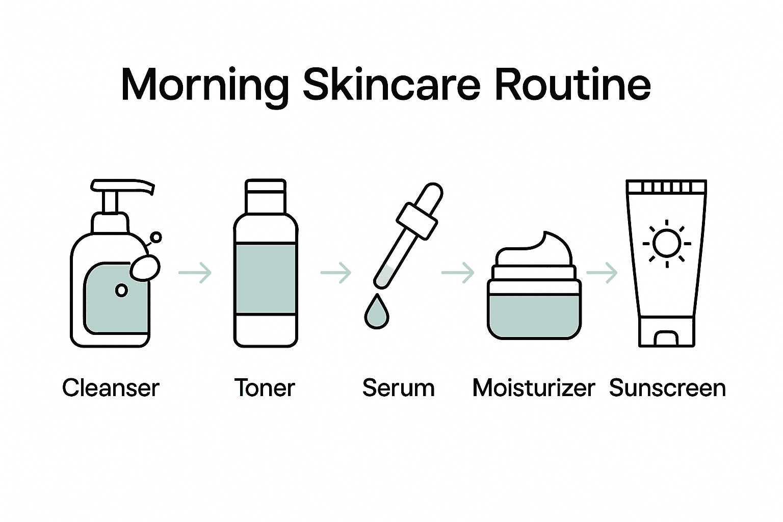 Infographic showing five steps of morning skincare routine with icons for cleanser, toner, serum, moisturizer, and sunscreen.
