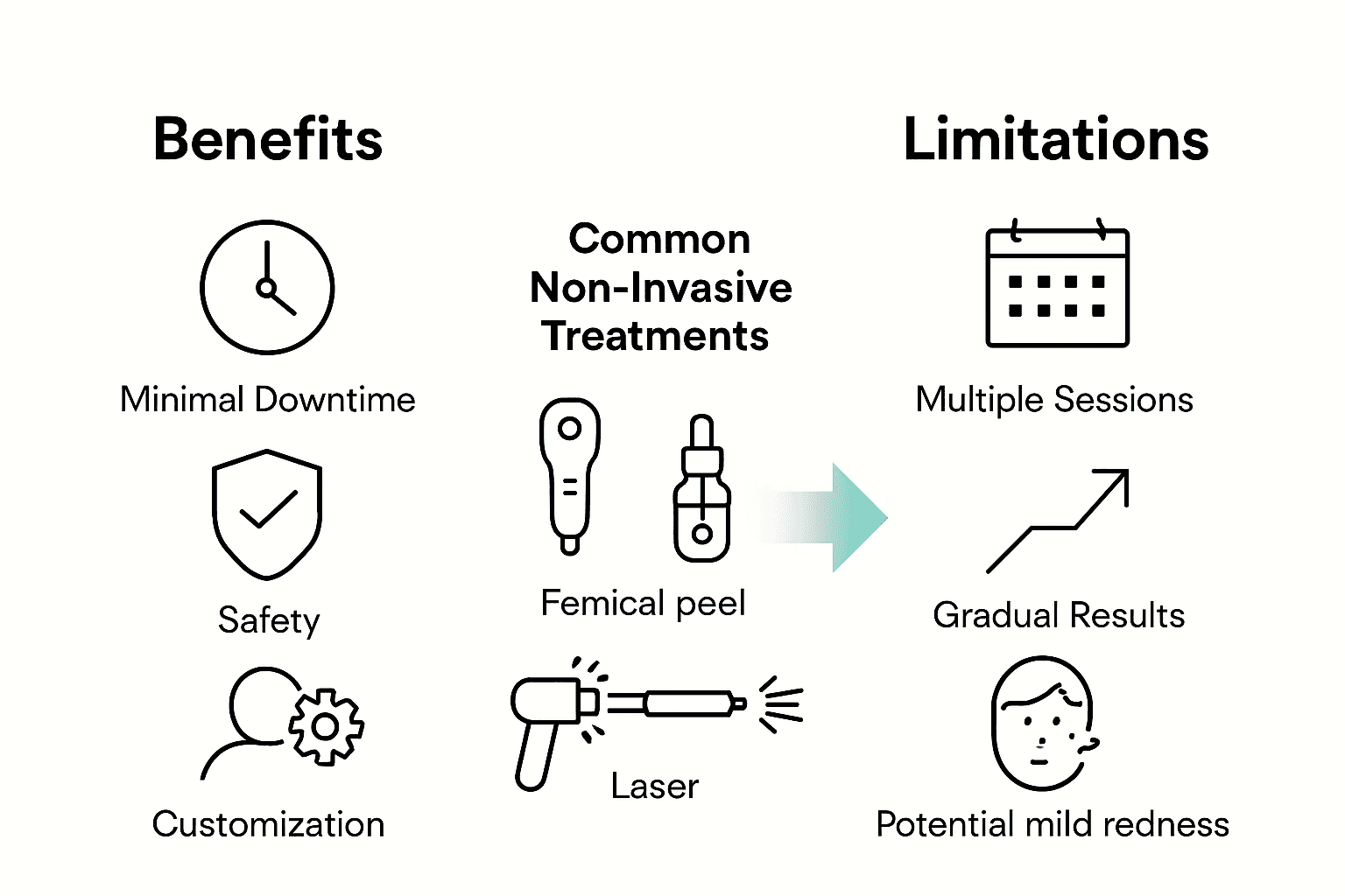 Infographic comparing benefits and limitations of non-invasive skincare methods